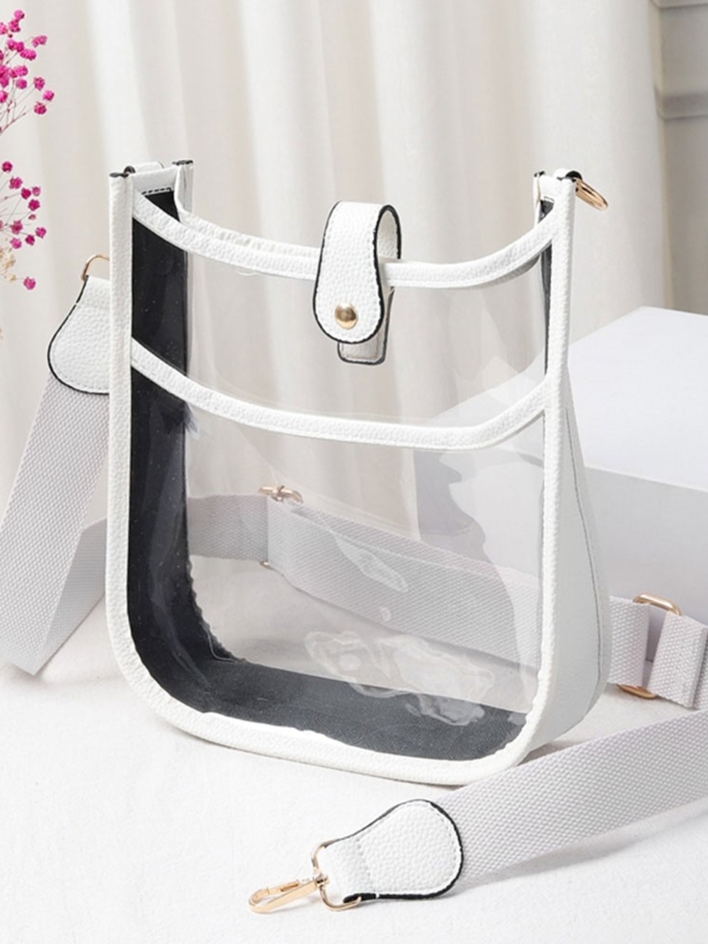 White Trim Transparent Clear Cross Body Bag Purse Casual Womens Accessory